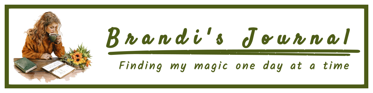 Brandi Dawn blog header with picture of Brandi sitting at a desk writing in a journal